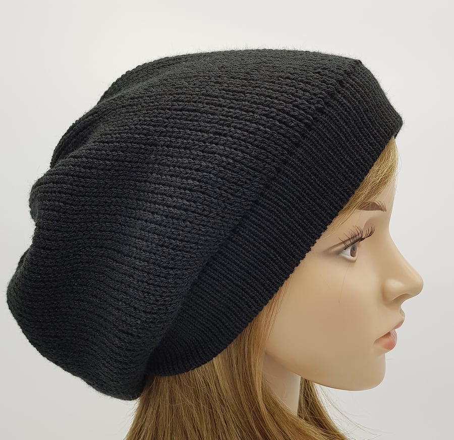 Handmade women's baggy beanie hat, black beret, knitted tam, black hat