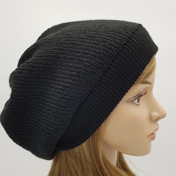 Handmade women's baggy beanie hat, black beret, knitted tam, black hat