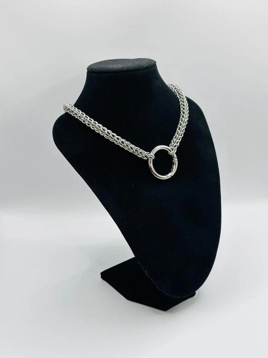 Stainless Steel Persian Chainmail Weave Chunky Necklace, Carabiner Round Pendant