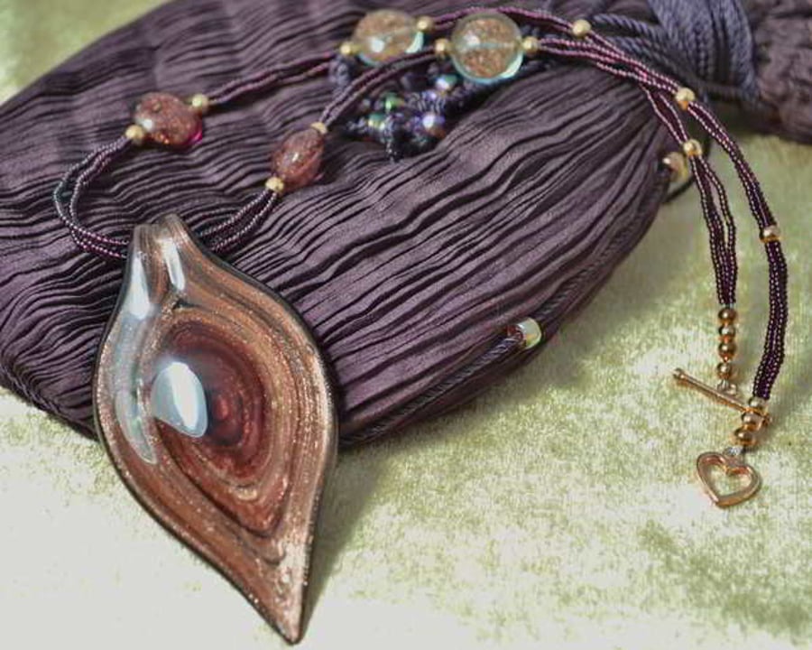 Dusky Pink & Bronze Murano Glass Leaf Necklace