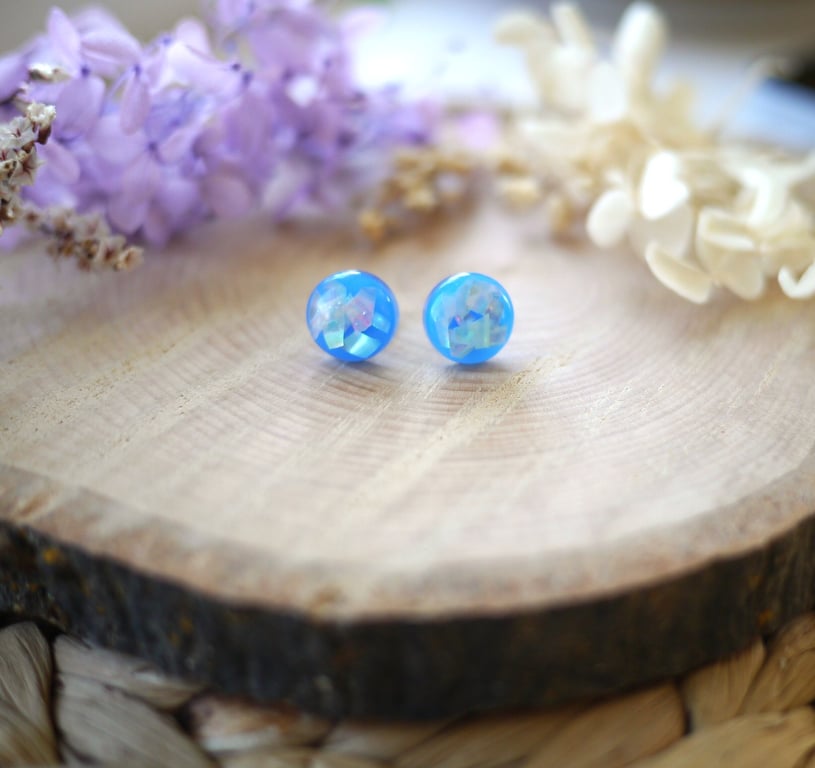 Blue Resin and Abalone Shell Stainless Steel Stud Earrings