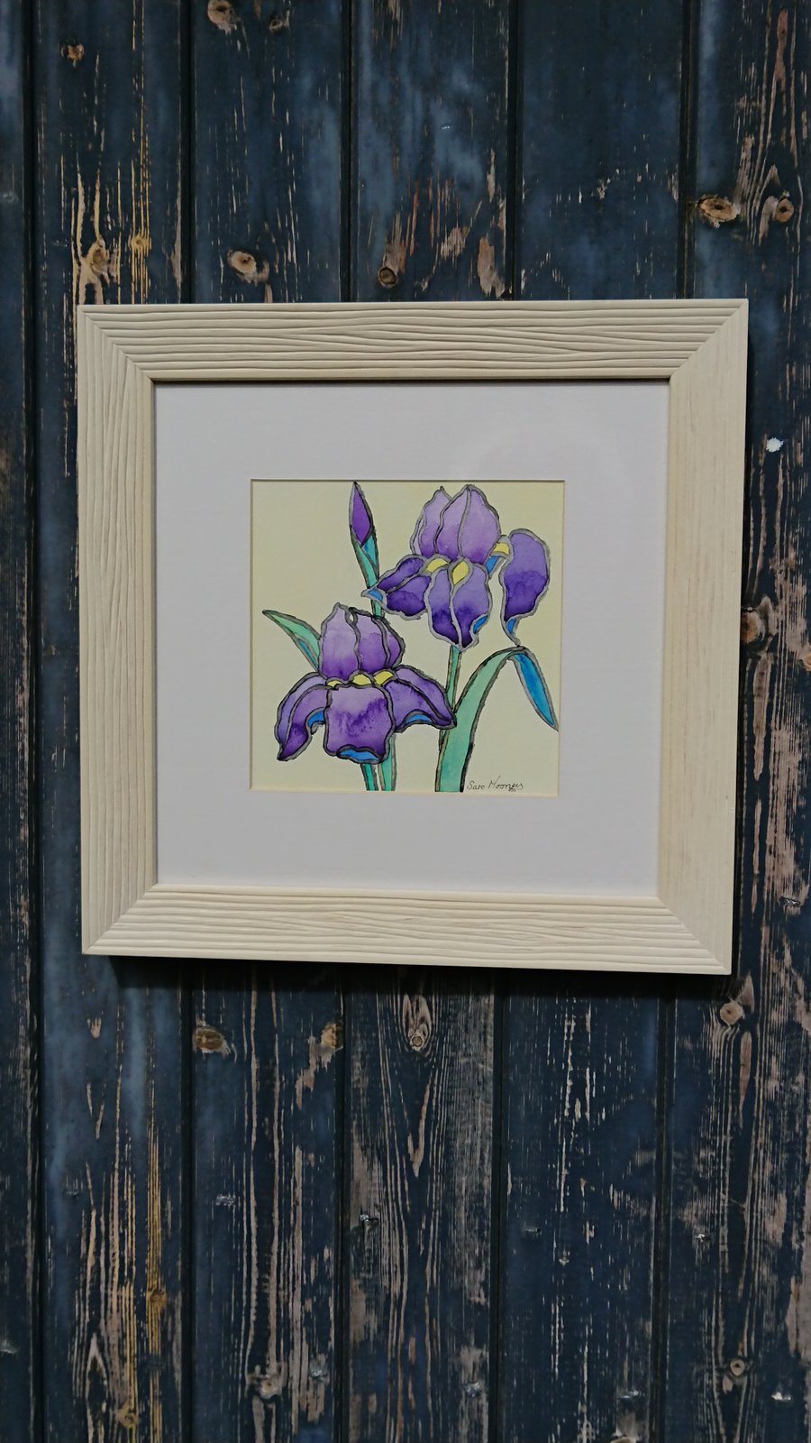 Purple iris original watercolour painting on cream background