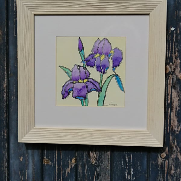 Purple iris original watercolour painting on cream background