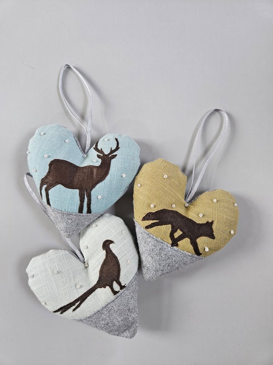 Handmade padded hanging heart, fox, stag and pheasant