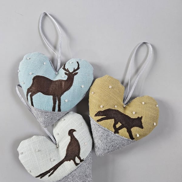 Handmade padded hanging heart, fox, stag and pheasant