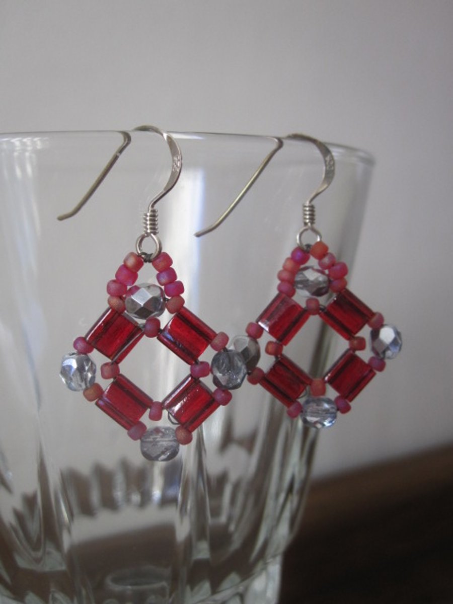 Red Tila Bead, Beadwork Earrings