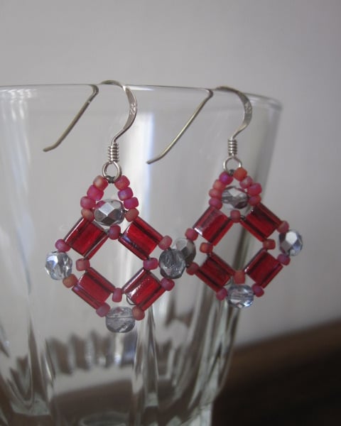 Red Tila Bead, Beadwork Earrings