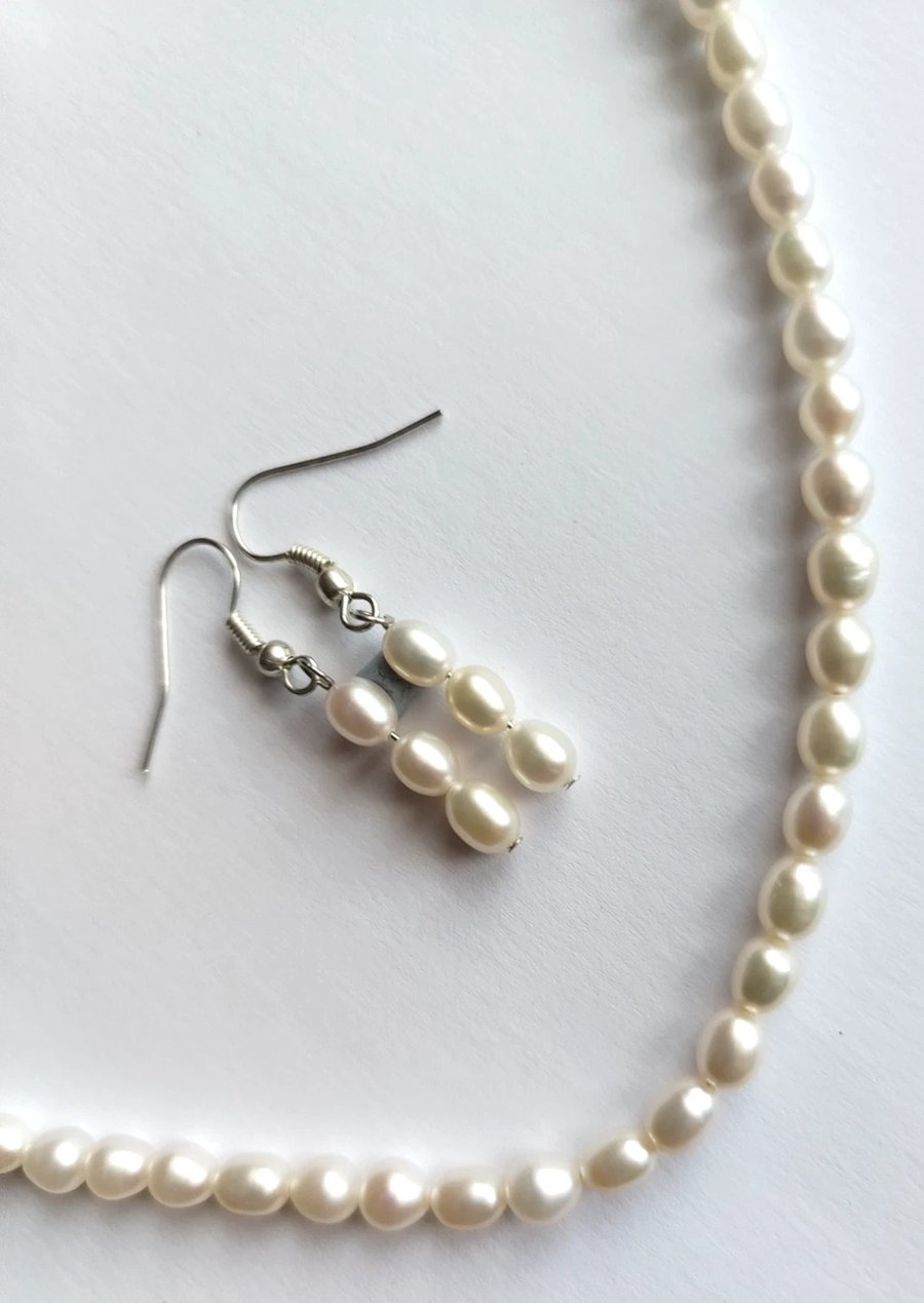 Cream Genuine Freshwater Rice Pearl Handmade Necklace & Earrings Gift Set