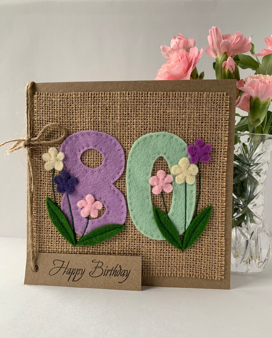 80th Handmade Birthday Card from felt. Keepsake Card. Textile card.