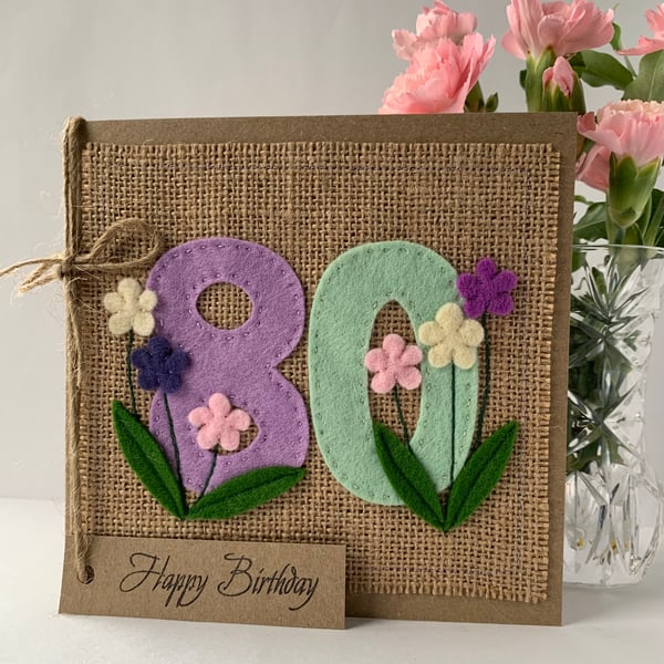 80th Handmade Birthday Card from felt. Keepsake Card. Textile card.