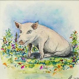 Pink Pig in Flowers Square Watercolour Pen and Ink Painting