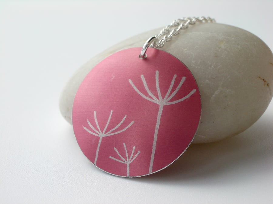 Dandelion necklace pendant in coral pink