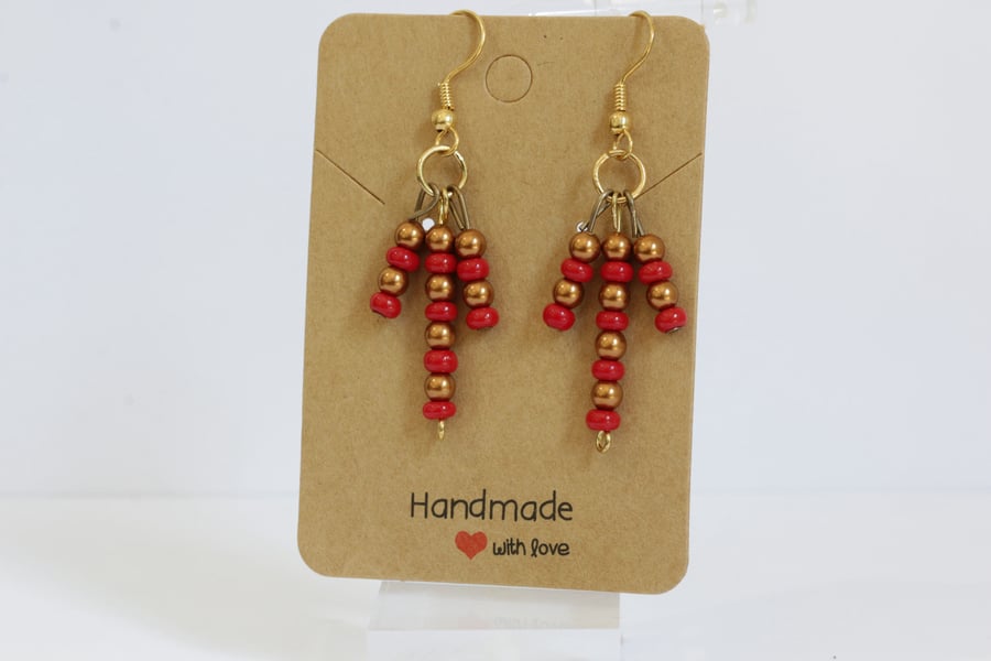 Handmade Warm Copper & Ruby Red Beaded Fringe Earrings