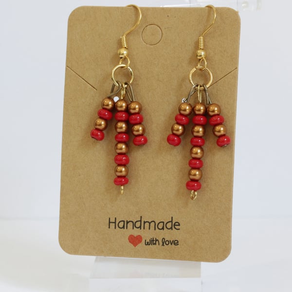 Handmade Warm Copper & Ruby Red Beaded Fringe Earrings