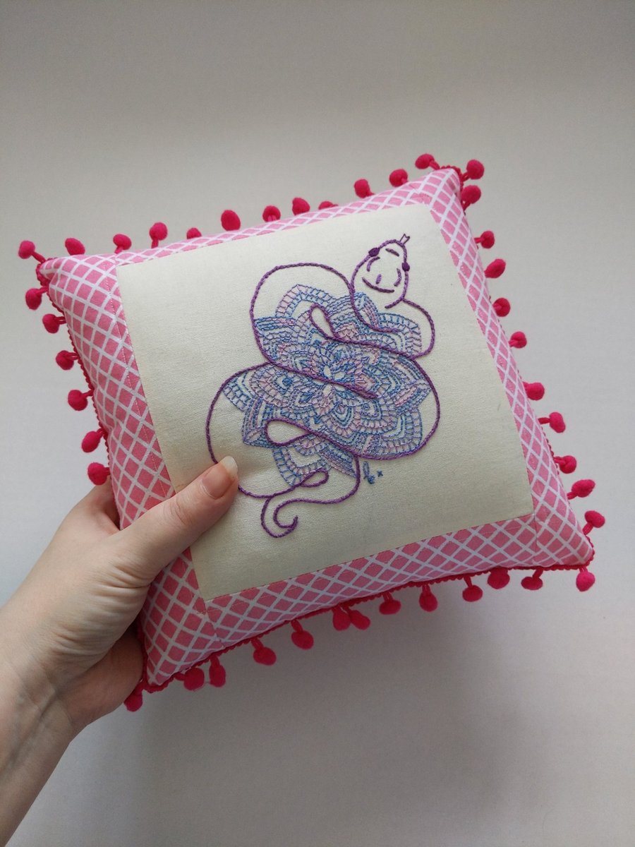 Pink snake decorative embroidered pillow