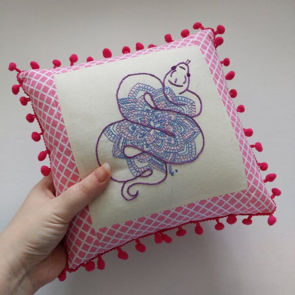 Pink snake decorative embroidered pillow