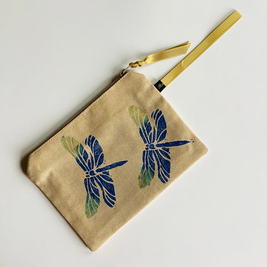 Dragonfly Print Cotton Zip-Up Pouch; Makeup Bag; Hand printed Purse 