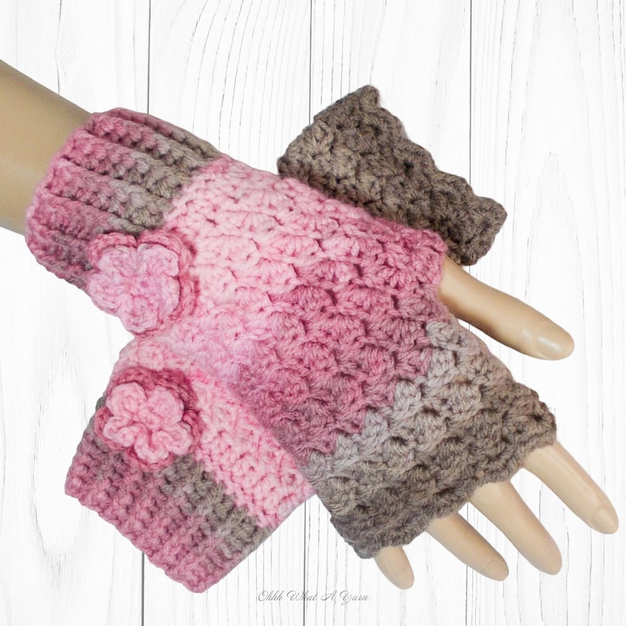 Crochet gloves. Pink and brown ombre fingerless gloves. Pink gloves.