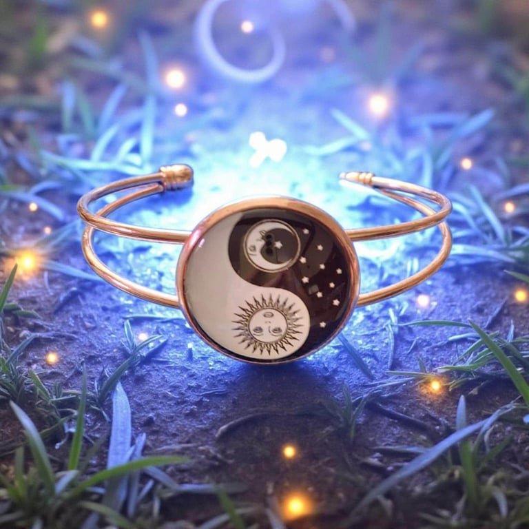 Yin Yang Bangle: Rose Gold Cuff Bracelet, boho gifts, mystical jewellery