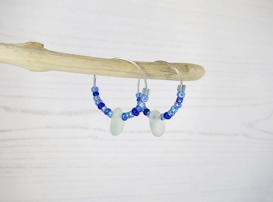Cornish Sea Glass Hoop Earrings with Blue Seed Beads - 18mm 