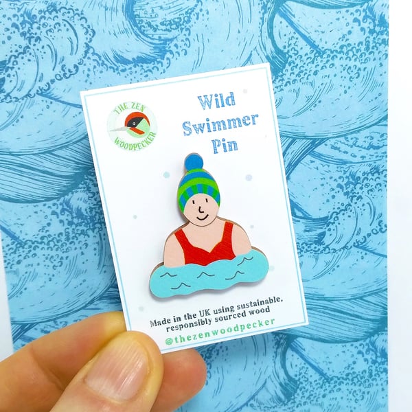 Wild Swimmer Badge, Outdoor Swimming Pin, Swim Brooch, Cold Water Swimmer