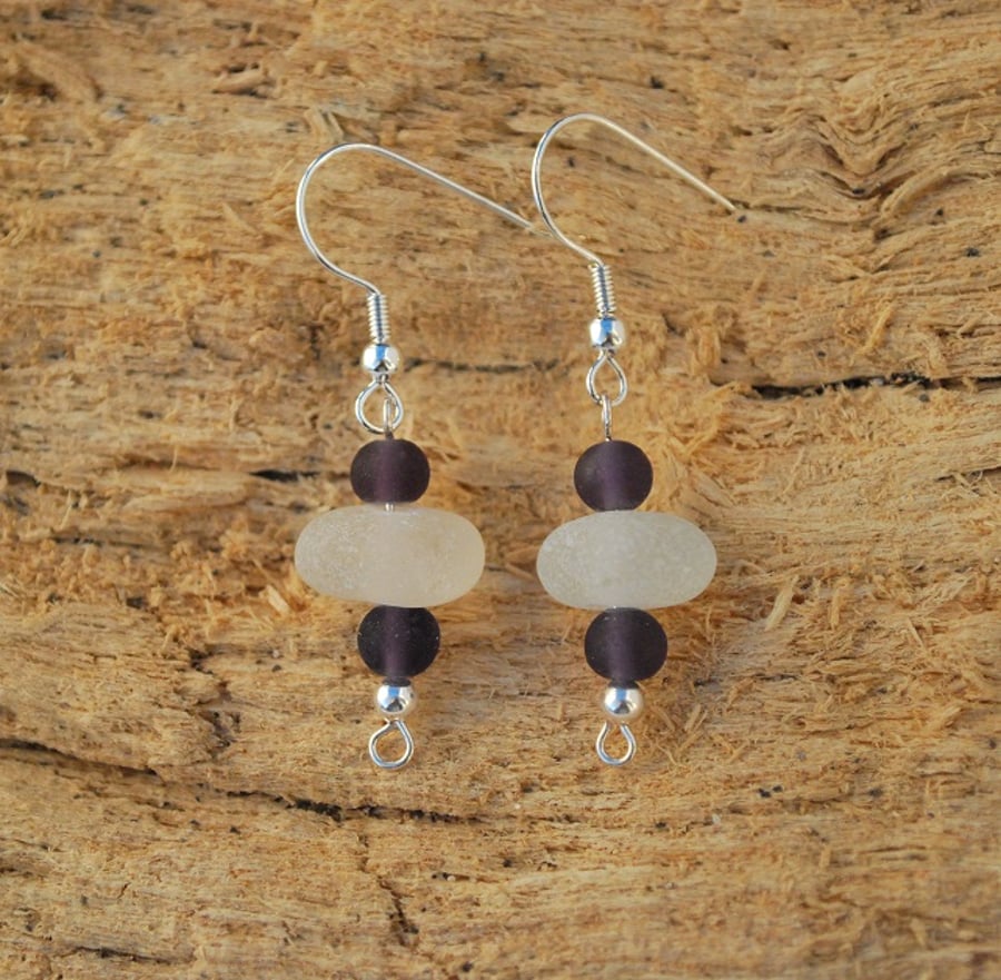 Sea glass earrings with purple beads