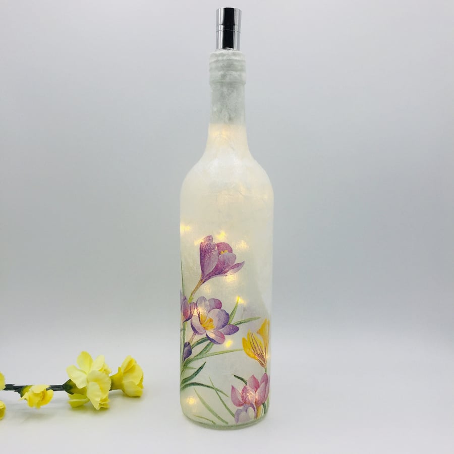 Decoupage bottle light with Crocus flowers