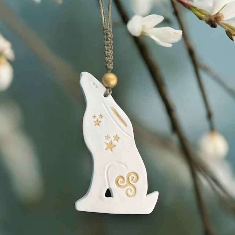 Celtic Moon Clay Hare Wall Hanging with Moon Gazing Hare Design