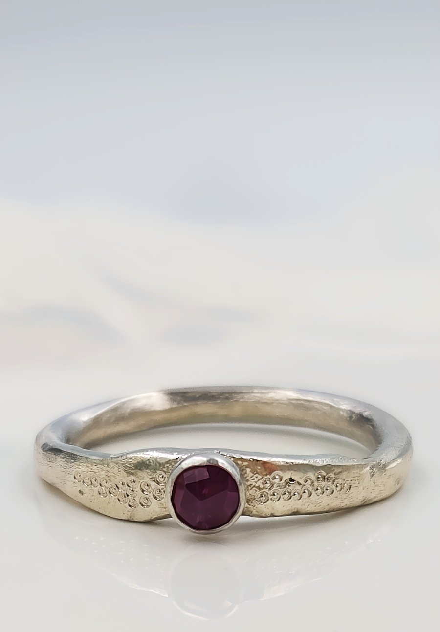 Sterling Silver Rose Cut Ruby Ring - Organic Molten Band
