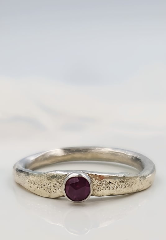 Sterling Silver Rose Cut Ruby Ring - Organic Molten Band