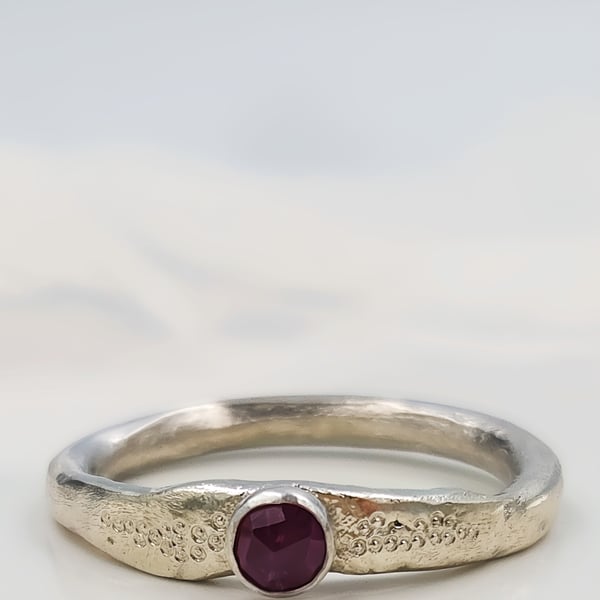 Sterling Silver Rose Cut Ruby Ring - Organic Molten Band