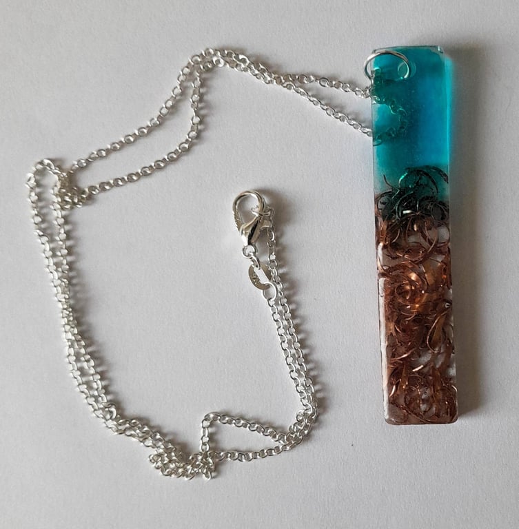  Pendant Necklace Handmade Resin oval Turquoise & real Copper on silver chain