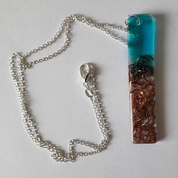  Pendant Necklace Handmade Resin oval Turquoise & real Copper on silver chain