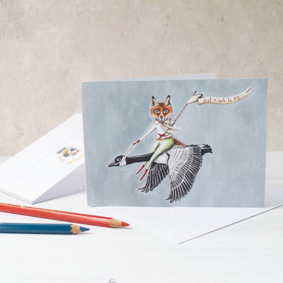 Just a note to say... A6 greeting card featuring a goose and fox. Unisex card