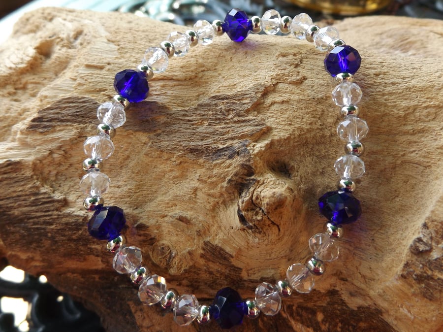 Cobalt Blue and clear crystal stretch bracelet