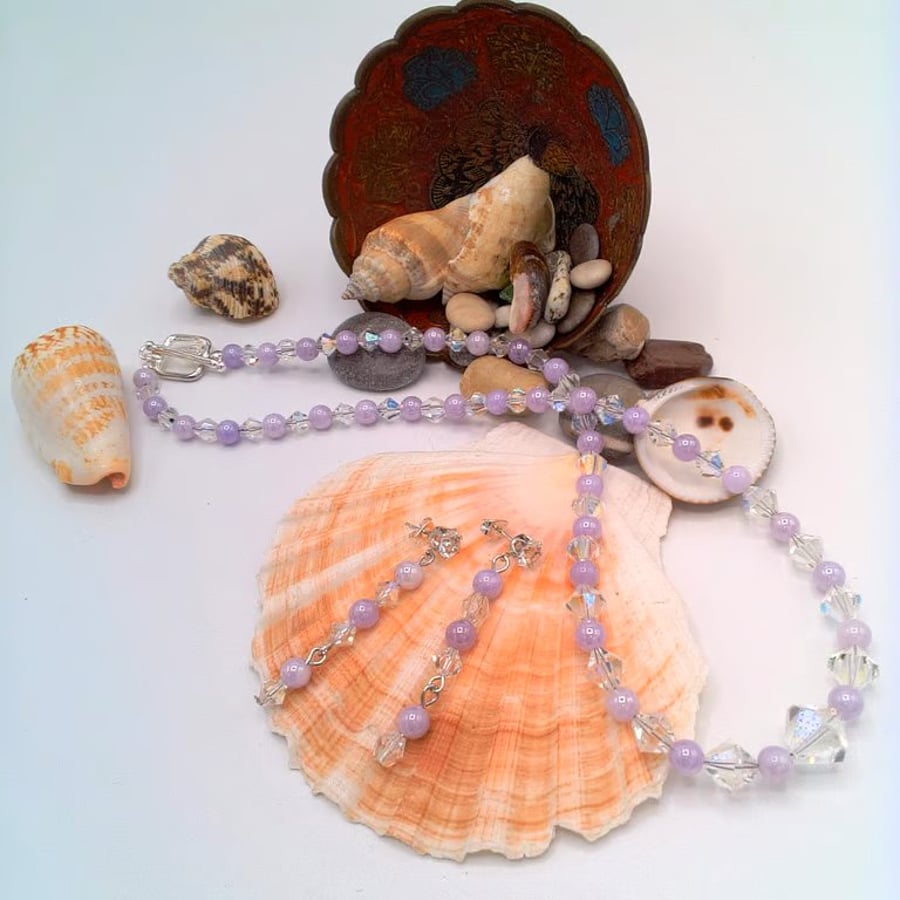 Angelite and Vintage Acrylic Bicone Beaded Necklace and Earrings, Gift for Her