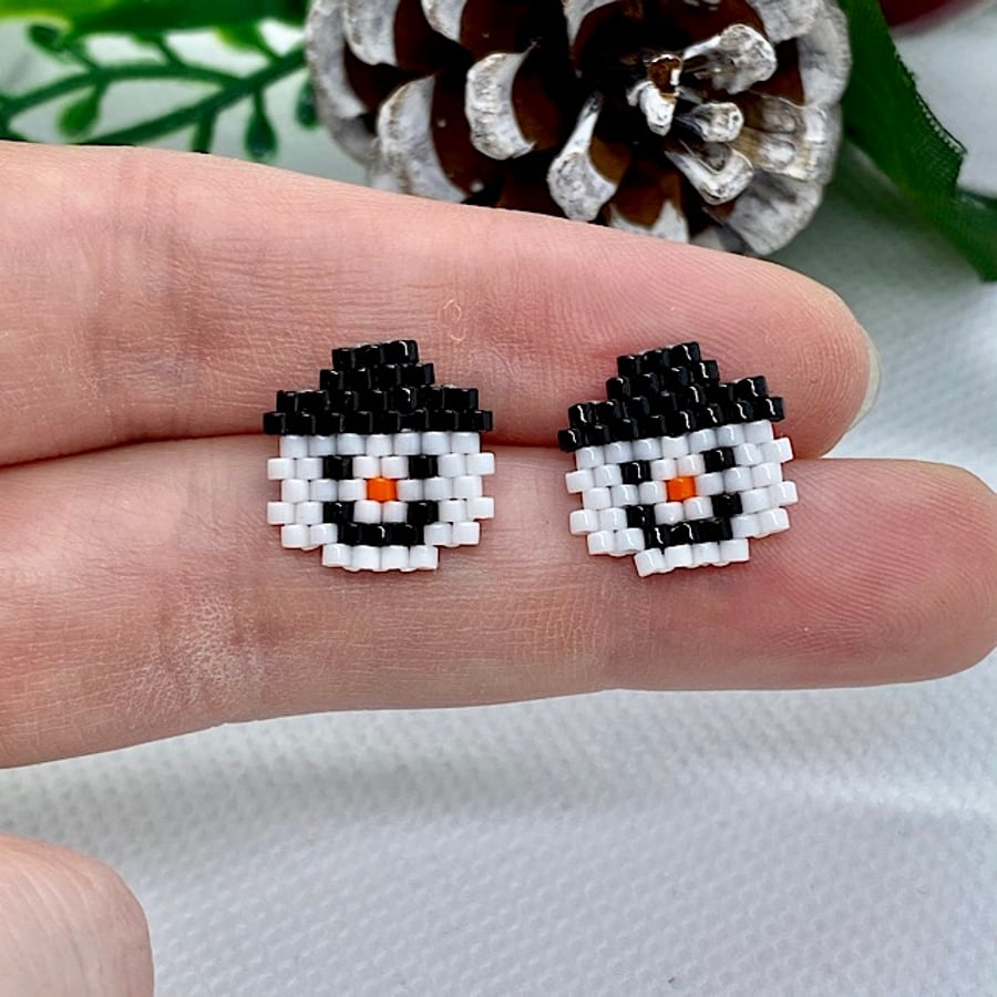 Sterling Silver Bead Weave Snowman Stud Earrings