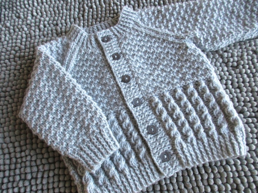 18" Patterned Baby Boys Round Neck Cardigan (Silver Grey)