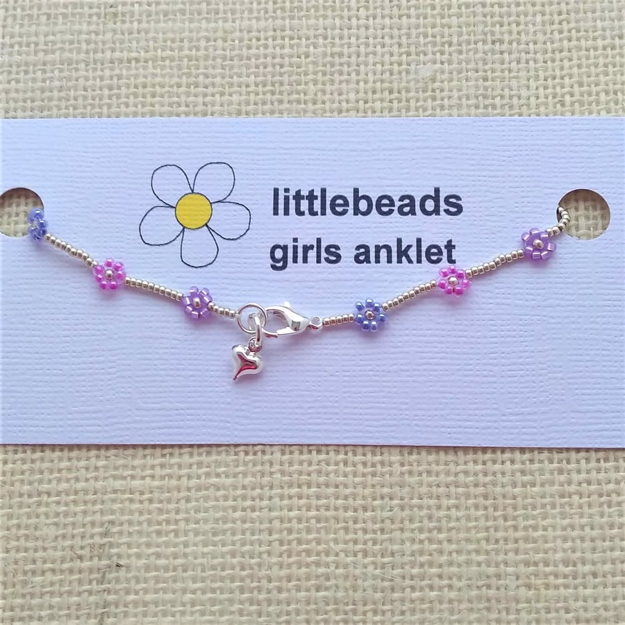 Pink and Purple Daisy Seed Bead Anklet