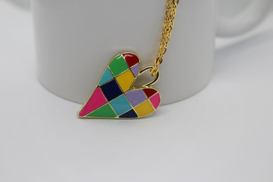 Beautiful Rainbow Colour Heart Gold Necklace