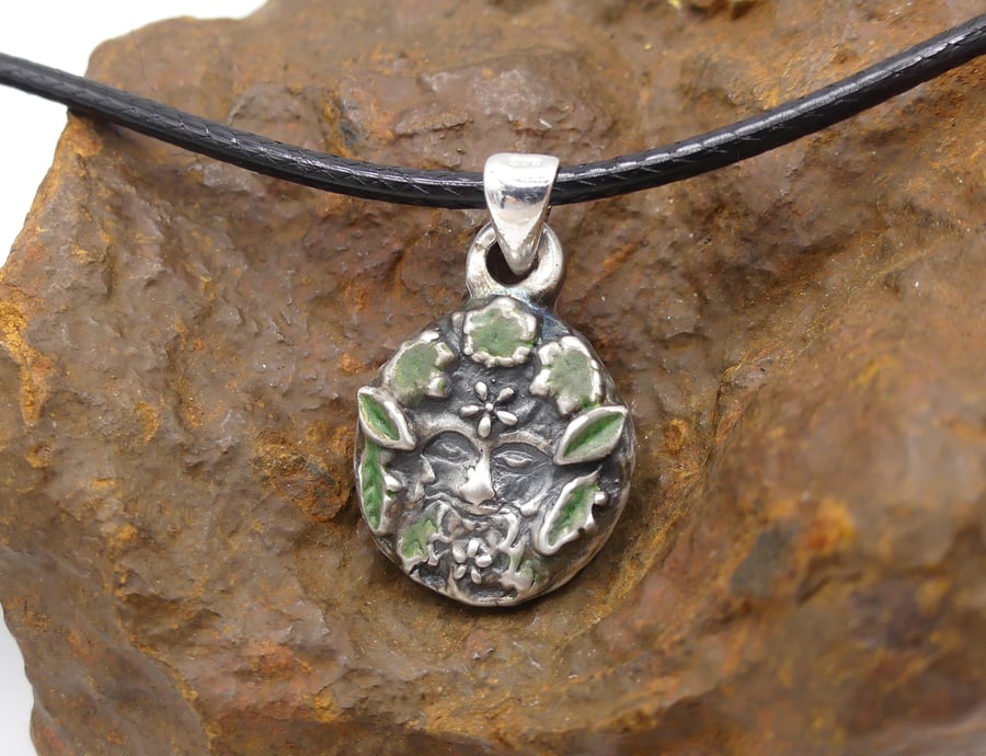 Recycled Sterling Silver Green Man Pendant with Black Waxed Cotton Cord Necklace