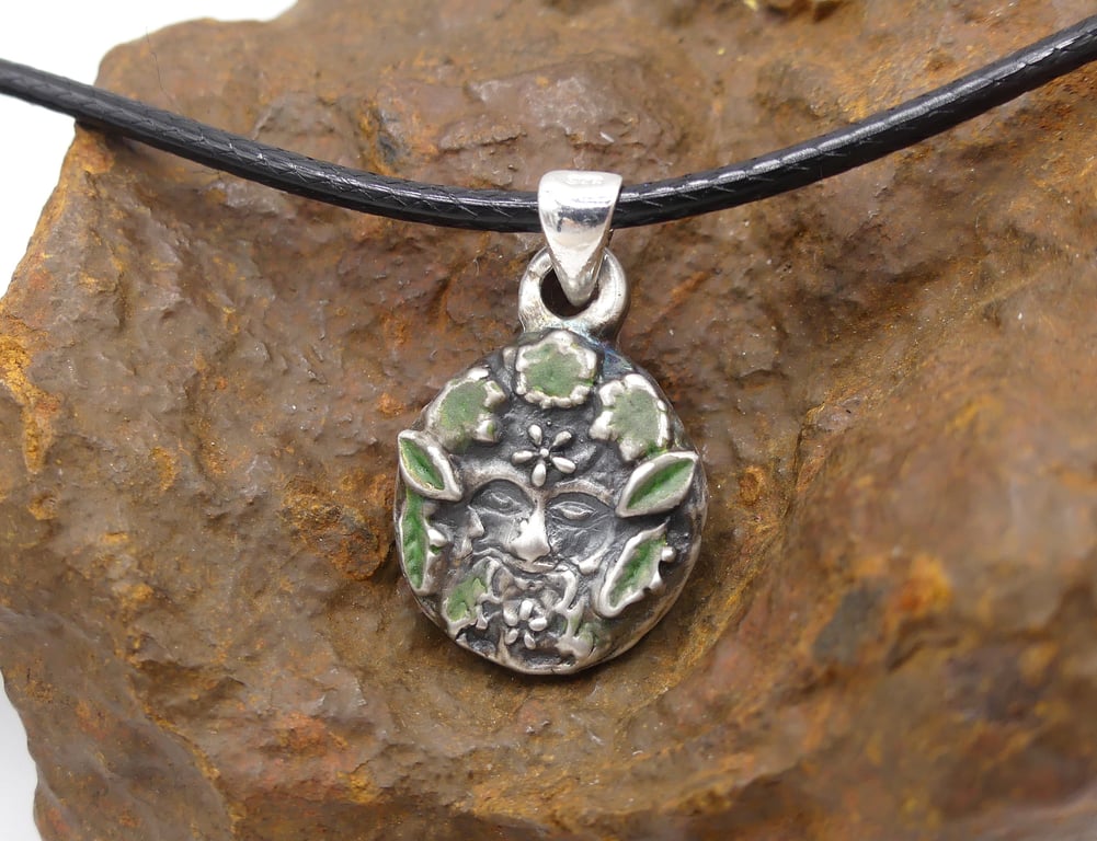 Recycled Sterling Silver Green Man Pendant with Black Waxed Cotton Cord Necklace