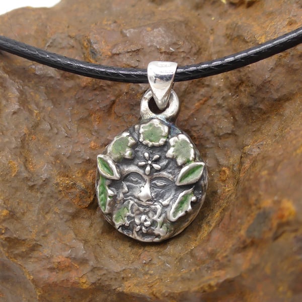 Recycled Sterling Silver Green Man Pendant with Black Waxed Cotton Cord Necklace