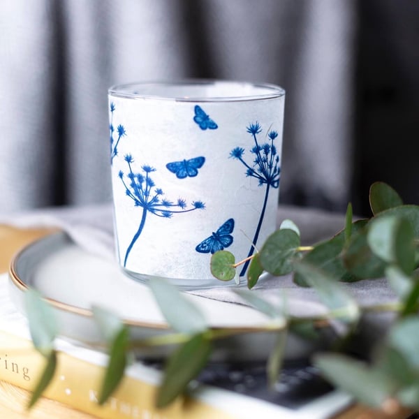 Seed head and butterflies Cyanotype tea light holder, blue and white 