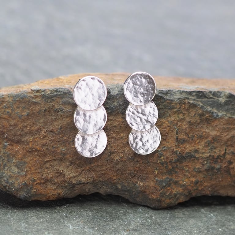 Sterling Silver Triple Disc Stud Earrings, Hammered Silver Earring Studs