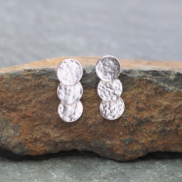 Sterling Silver Triple Disc Stud Earrings, Hammered Silver Earring Studs