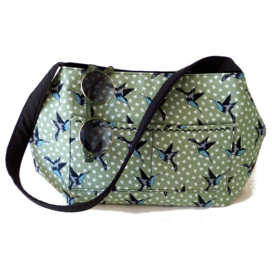 SALE!!! Gorgeous sage green shoulder bag with humingbirds and bows