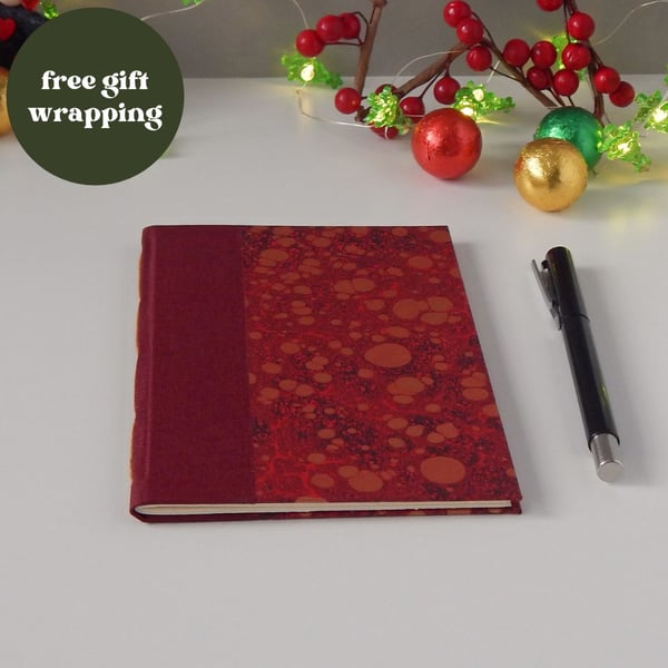 Red Marbled Notebook, traditional style A6 notebook or journal. Gifts for Men