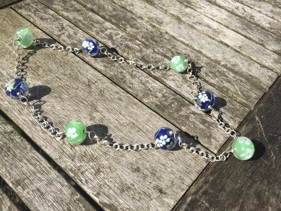 Blue and green flower glass chainmaille necklace