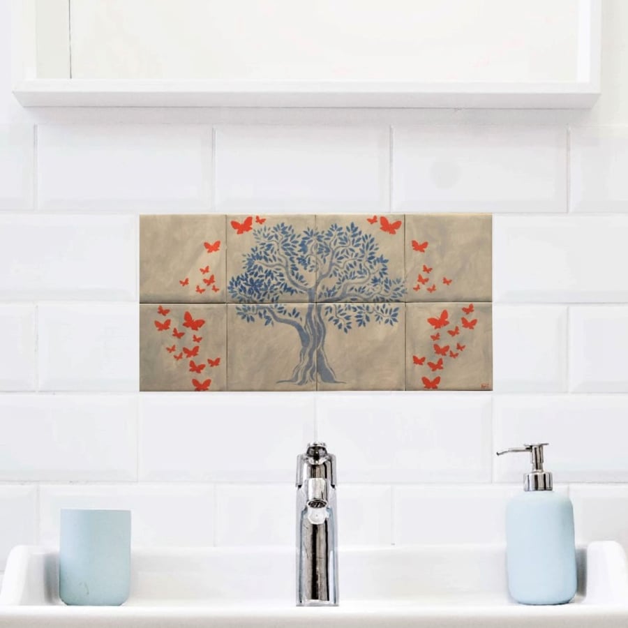 Kitchen Tile Splashback, Hand-painted Tree of Life Wall Art.